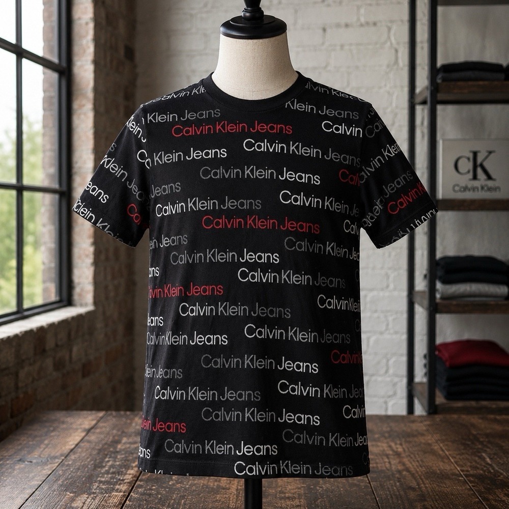 Calvin Klein Jeans All Over Logo Print T Shirt Black Red White Men's Medium M - Picture 1 of 7